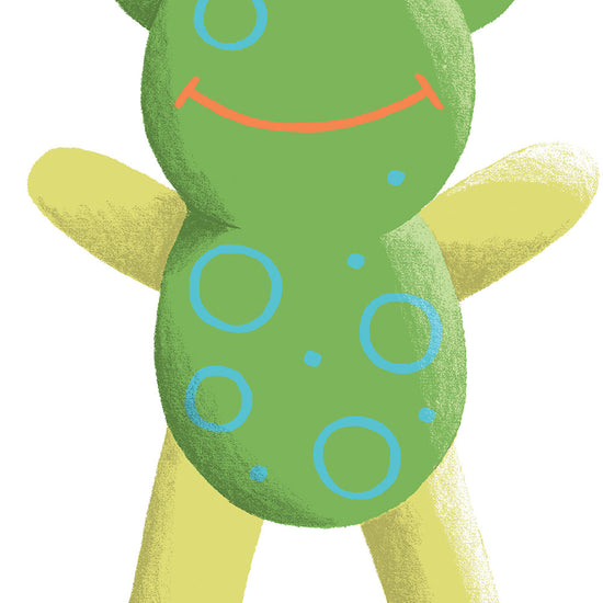 A cartoon-style drawing of a smiling green frog with blue spots and yellow limbs, arms raised.
