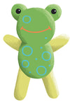 A cartoon-style drawing of a smiling green frog with blue spots and yellow limbs, arms raised.