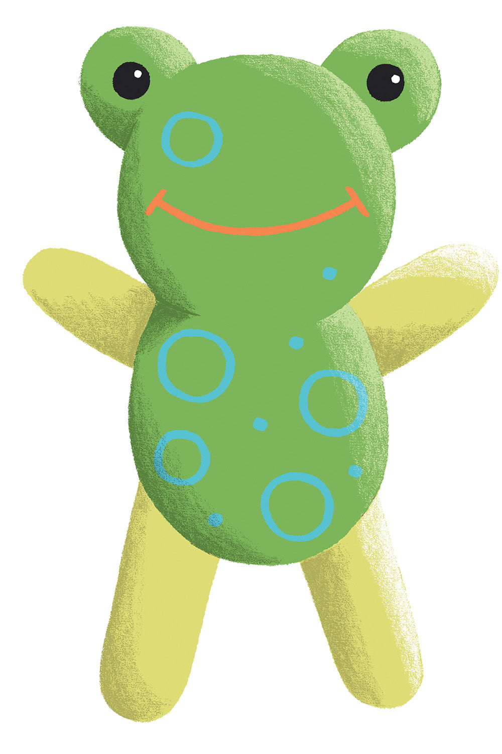 A cartoon-style drawing of a smiling green frog with blue spots and yellow limbs, arms raised.