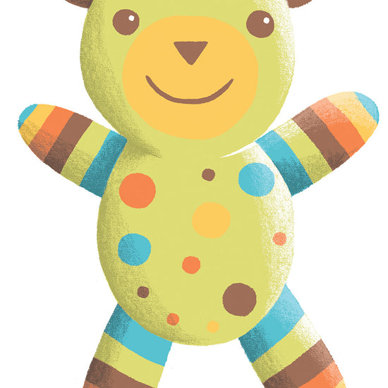 Illustration of a smiling teddy bear with striped arms and legs and multicolored polka dots on its body.