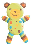 Illustration of a smiling teddy bear with striped arms and legs and multicolored polka dots on its body.