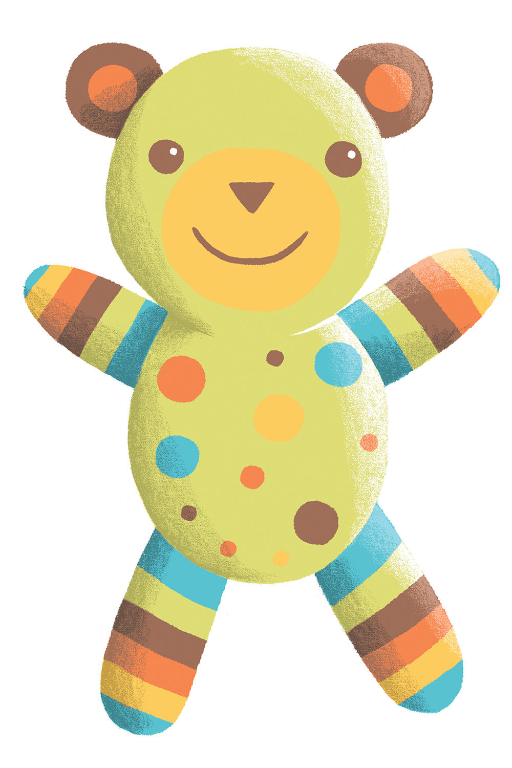 Illustration of a smiling teddy bear with striped arms and legs and multicolored polka dots on its body.