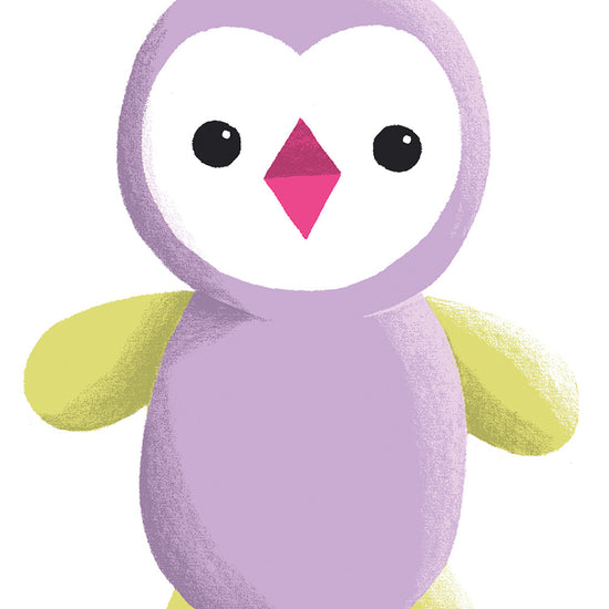 Illustration of a cute, purple and yellow penguin-like stuffed toy with a heart-shaped white face and a tuft of yellow hair on top.