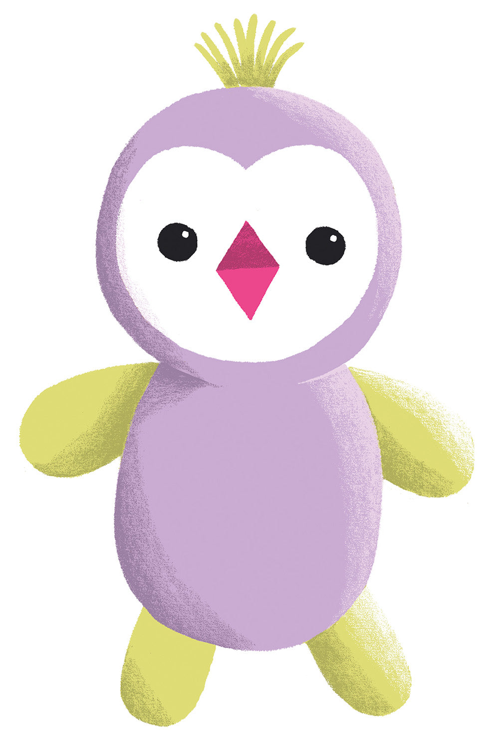 Illustration of a cute, purple and yellow penguin-like stuffed toy with a heart-shaped white face and a tuft of yellow hair on top.