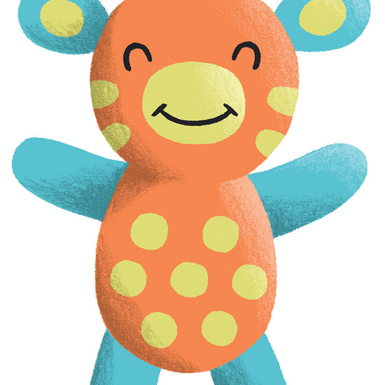 Illustration of a smiling, orange and yellow polka-dotted giraffe plush toy with blue arms, legs, ears, and mane.