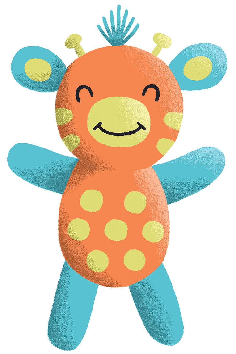 Illustration of a smiling, orange and yellow polka-dotted giraffe plush toy with blue arms, legs, ears, and mane.