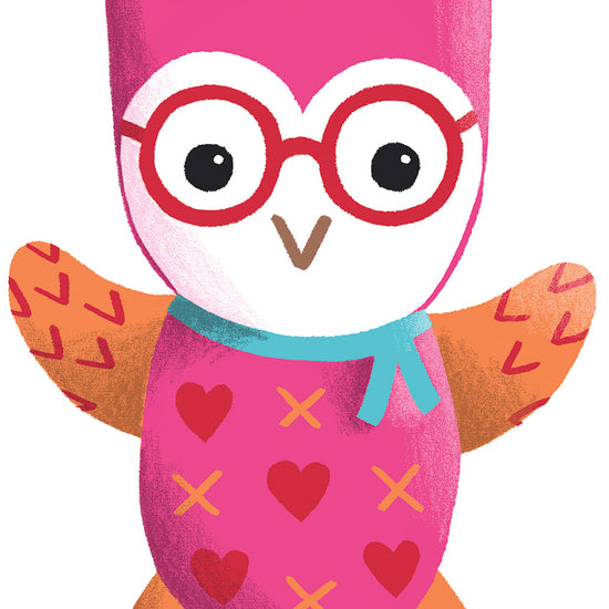 Illustration of a pink owl with red glasses, orange wings, and a blue bow tie, decorated with hearts and X marks on its body.