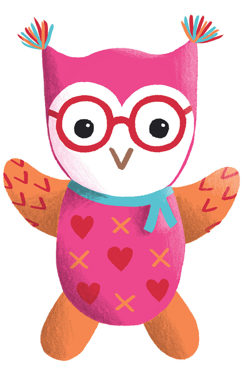Illustration of a pink owl with red glasses, orange wings, and a blue bow tie, decorated with hearts and X marks on its body.