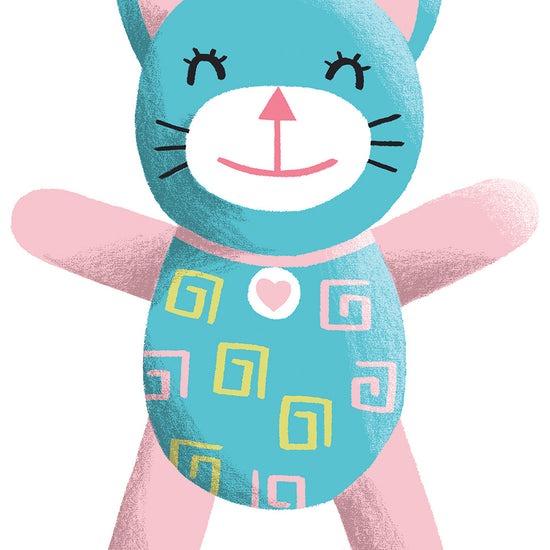 Illustration of a blue and pink cat plush toy with a heart on its chest and spiral patterns on its body, smiling with outstretched arms.