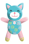 Illustration of a blue and pink cat plush toy with a heart on its chest and spiral patterns on its body, smiling with outstretched arms.