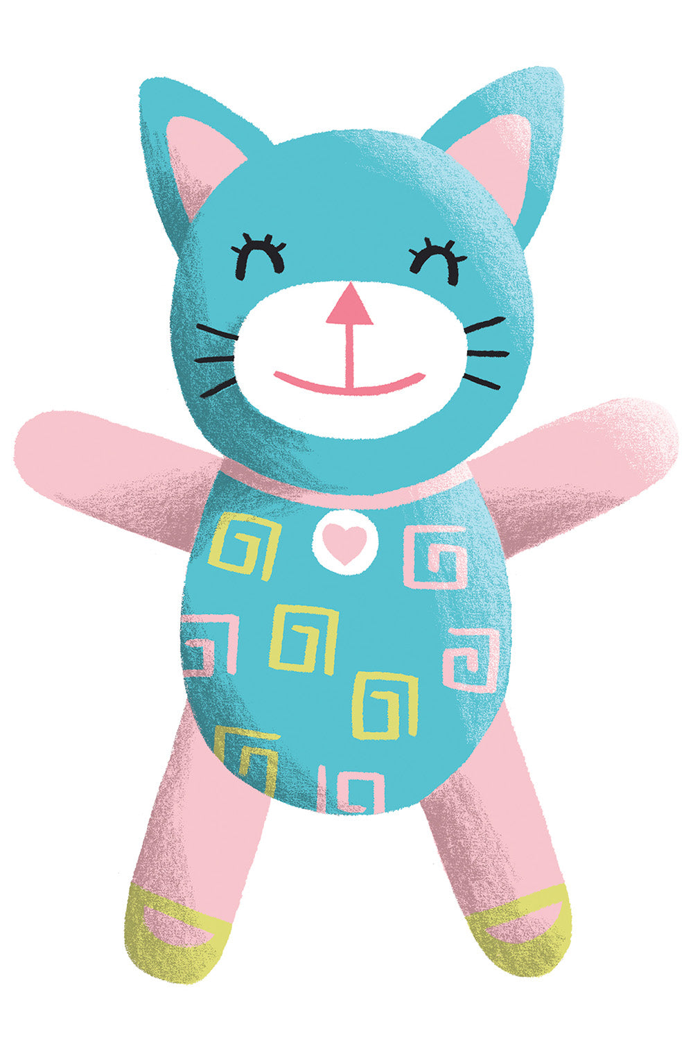 Illustration of a blue and pink cat plush toy with a heart on its chest and spiral patterns on its body, smiling with outstretched arms.