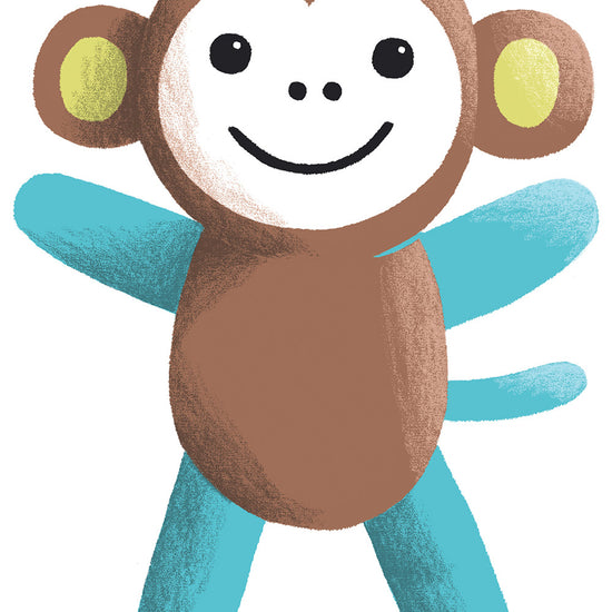 Illustration of a smiling cartoon monkey with brown body, blue arms and legs, and yellow inner ears, standing on a white background.
