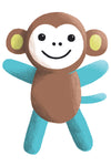 Illustration of a smiling cartoon monkey with brown body, blue arms and legs, and yellow inner ears, standing on a white background.
