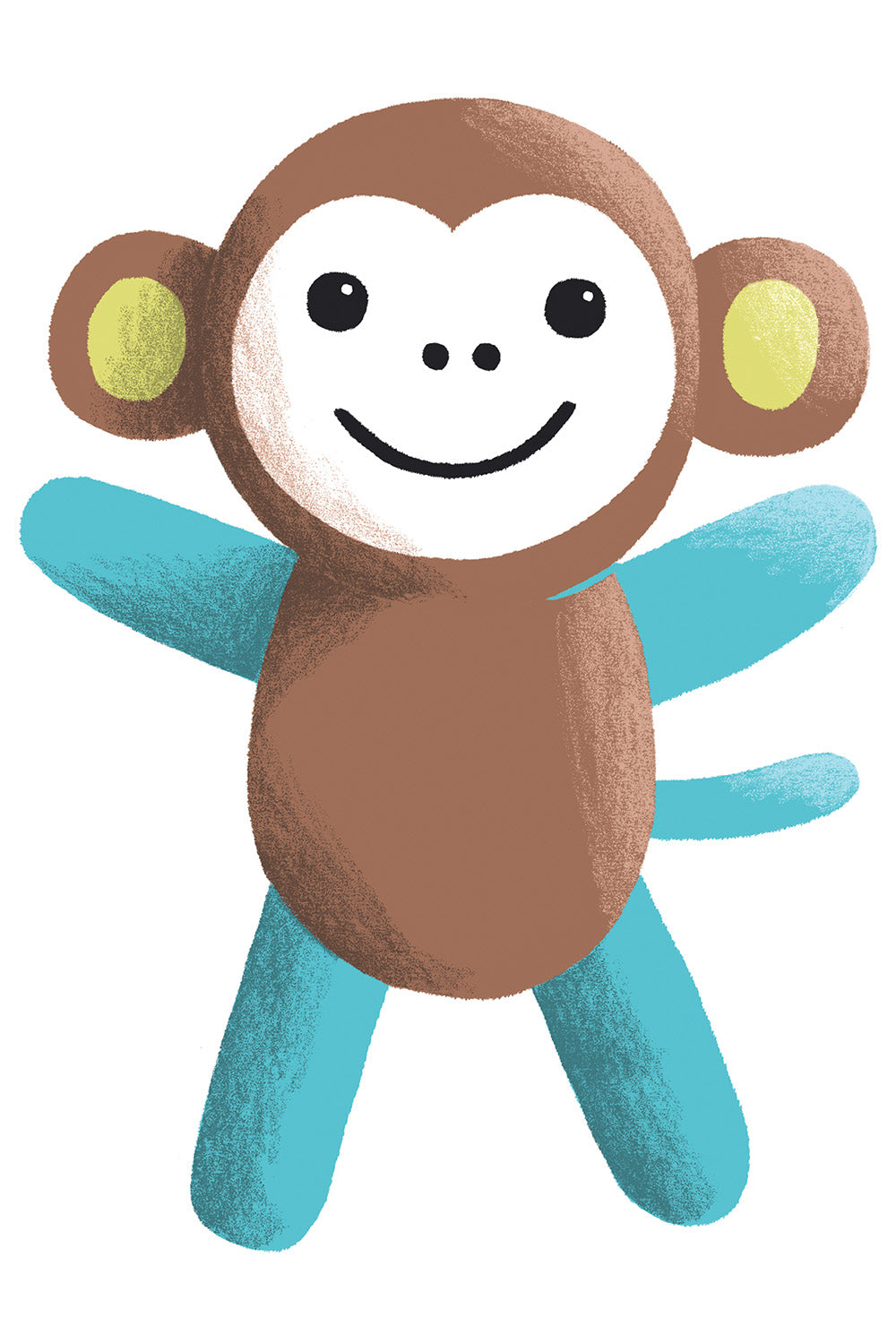 Illustration of a smiling cartoon monkey with brown body, blue arms and legs, and yellow inner ears, standing on a white background.
