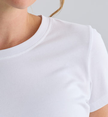 Close-up of a person wearing a plain white short-sleeve t-shirt, showing the neckline and shoulder area against a neutral background.