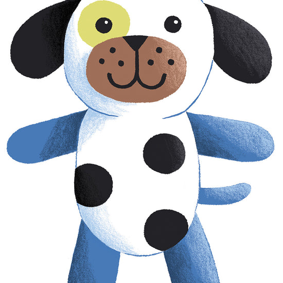 Illustration of a blue and white stuffed dog with black ears, black spots, a brown snout, a yellow spot around one eye, and a smiling face.