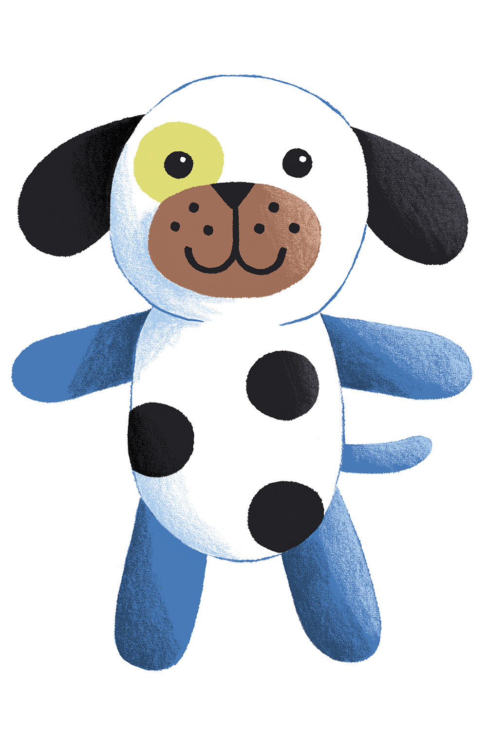 Illustration of a blue and white stuffed dog with black ears, black spots, a brown snout, a yellow spot around one eye, and a smiling face.