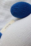 A close-up of a knitted stuffed animal with blue ears and a fabric tag that reads Pip the Dog.