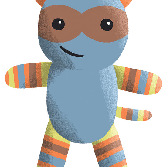 Illustration of a blue plush raccoon toy with orange ears, mask, and striped limbs and tail in orange, yellow, and green.