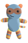 Illustration of a blue plush raccoon toy with orange ears, mask, and striped limbs and tail in orange, yellow, and green.