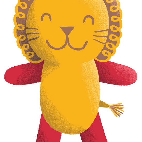 Illustration of a smiling, cartoon lion with a yellow face and body, curly mane, whiskers, red arms and legs, and a small tail.