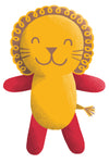 Illustration of a smiling, cartoon lion with a yellow face and body, curly mane, whiskers, red arms and legs, and a small tail.