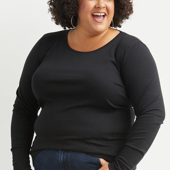 Women's Luxe 100% Organic Cotton Jewel Neck Long Sleeve Tee | Black | Fair Indigo | Ethically Made Clothing | Fair Trade Clothes