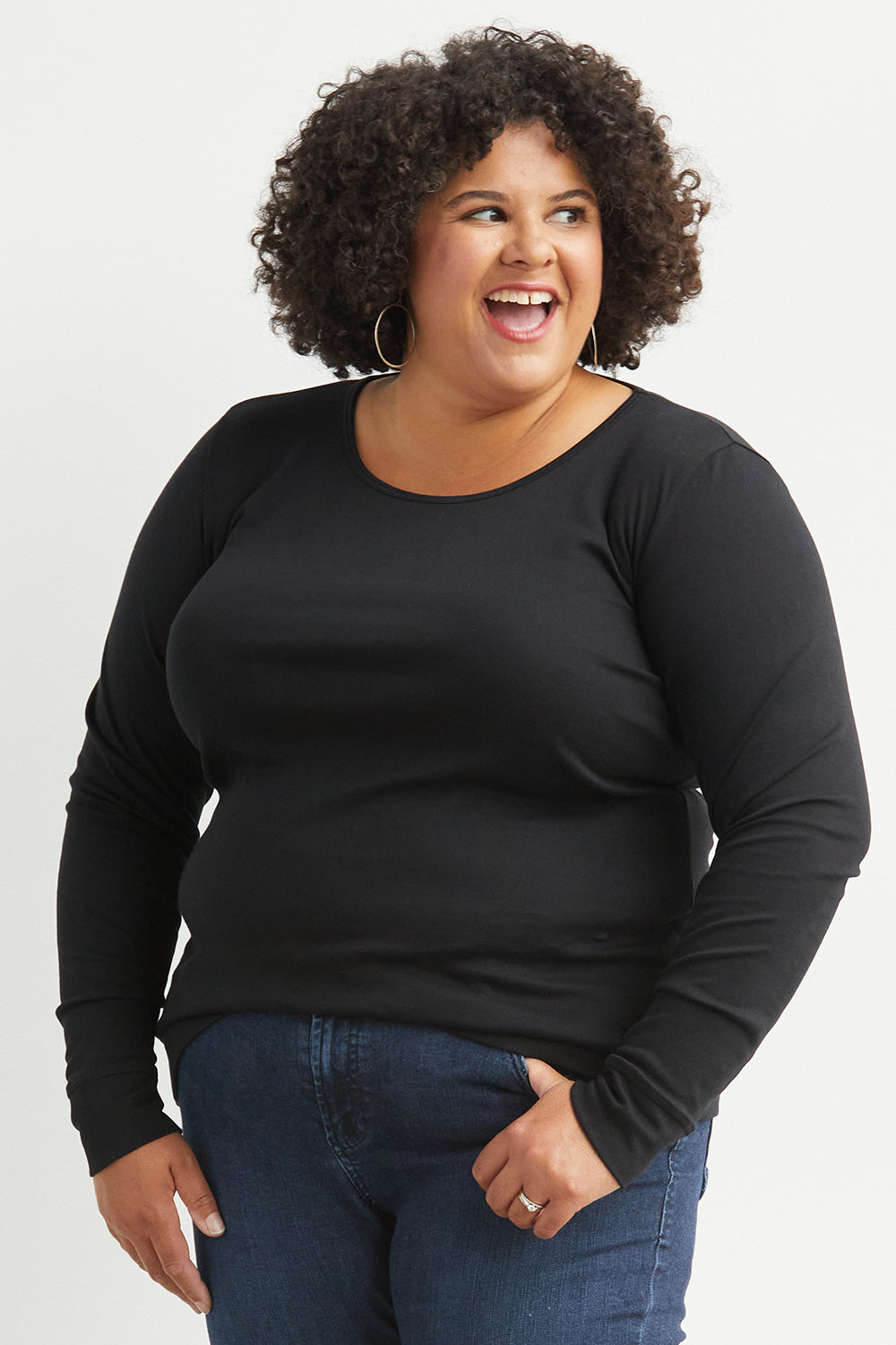 Women's Luxe 100% Organic Cotton Jewel Neck Long Sleeve Tee | Black | Fair Indigo | Ethically Made Clothing | Fair Trade Clothes