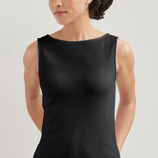 Women's Luxe 100% Organic Cotton Sleeveless Boat Neck Tee | Black | Fair Indigo | Ethically Made Clothing | Fair Trade Clothes