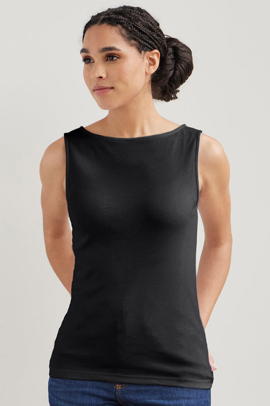 Women's Luxe 100% Organic Cotton Sleeveless Boat Neck Tee | Black | Fair Indigo | Ethically Made Clothing | Fair Trade Clothes