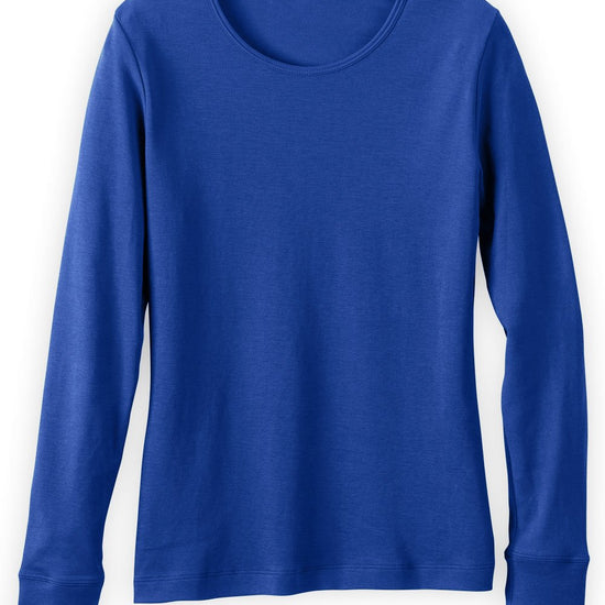 A plain, long-sleeve, crew neck shirt in solid royal blue, laid flat against a white background.