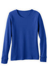 A plain, long-sleeve, crew neck shirt in solid royal blue, laid flat against a white background.